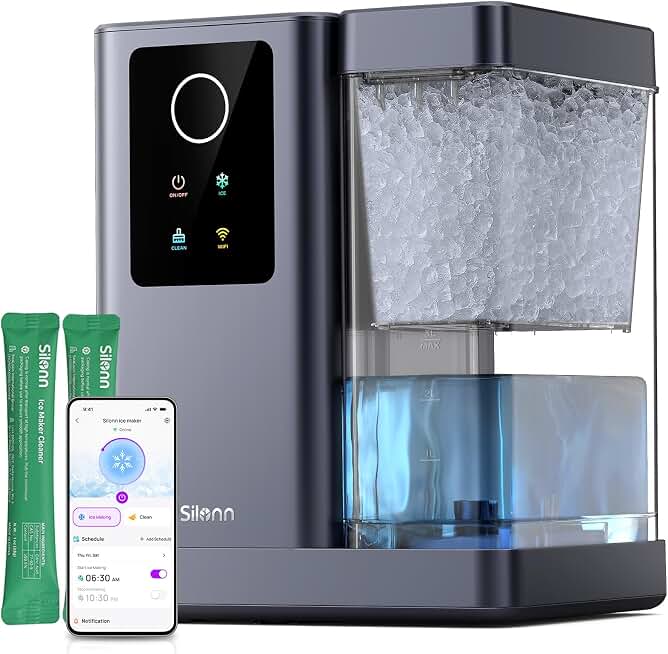 Silonn Nugget Ice Maker Countertop with App &amp; Voice Control, 44lbs/24H Pebble Ice Machine, 3L Water Tank, Self Cleaning Sonic Ice Maker, Soft Chewable Ice for Home, Kitchen, Party Global Recycled Standard