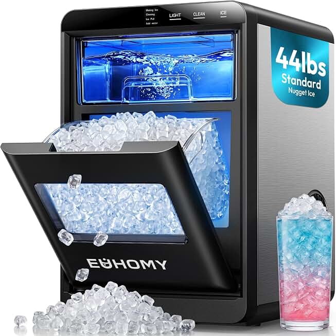 EUHOMY Nugget Ice Maker Countertop, 44Lbs/24H Sonic Ice Maker Machine, Self-Cleaning Pellet Ice Makers with Ice Scoop&amp;Basket, Countertop Pebble Ice Maker for Home/Kitchen/Office Global Recycled Standard