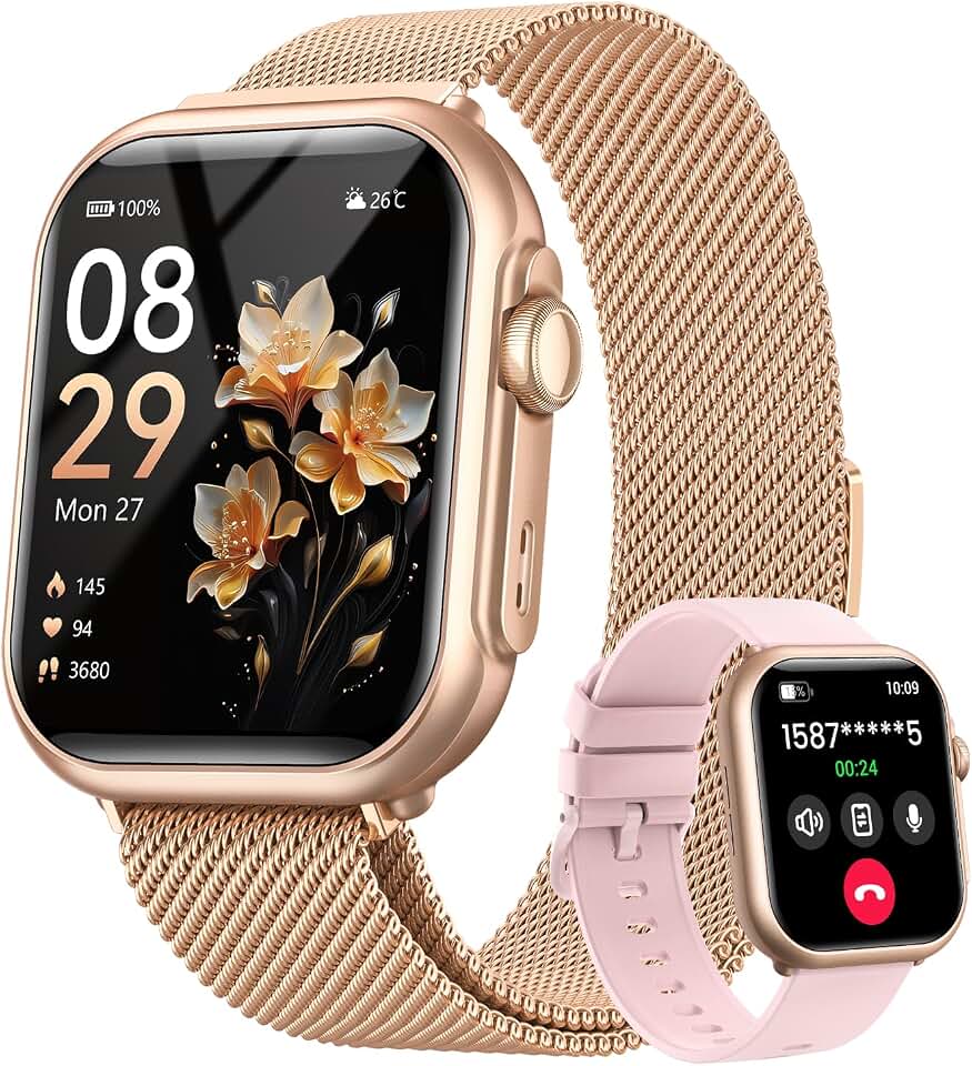 Smart Watches for Women,1.85" HD Smartwatch Fitness Trackers, with 2 Bands | 100+ Sports Mode/1000mAh Battery/Compatible iPhone or Android/Heart Rate/Sleep/Health Monitor/Answer/Make Call