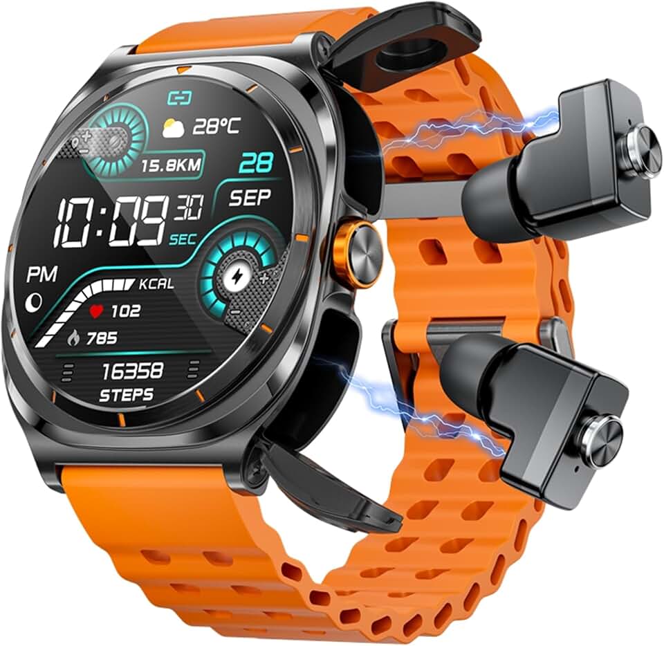 Tuanzi GT98 Smart Watch with Bluetooth 5.3 Earbuds, 1.53" HD Touchscreen, 100+ Sports Modes, 24/7 Health Monitoring, Music Player, Voice Assistant, 2 in 1 Smartwatch with Earbuds (Orange)