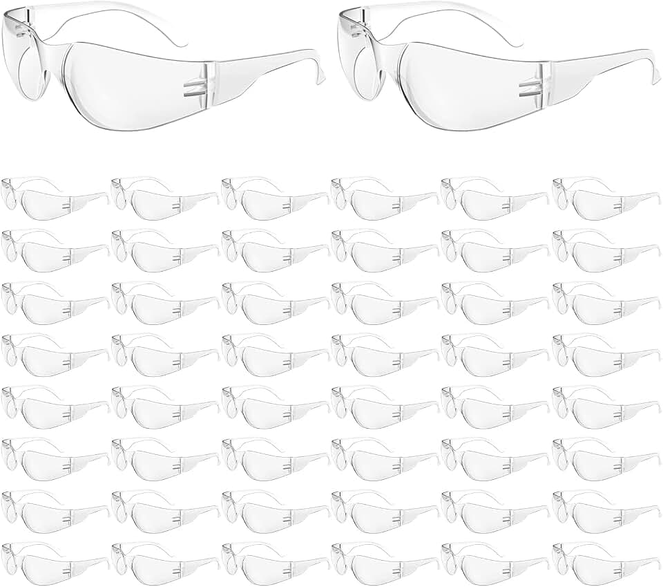 WFEANG 50 Pack Clear Safety Glasses for Men Women, ANSI Z87.1 Work Glasses | Impact Resistant, Anti Scratch, Clear Lenses, In Bulk, Lightweight, Lab DIY, Indoor/Outdoor, Wraparound, One Size
