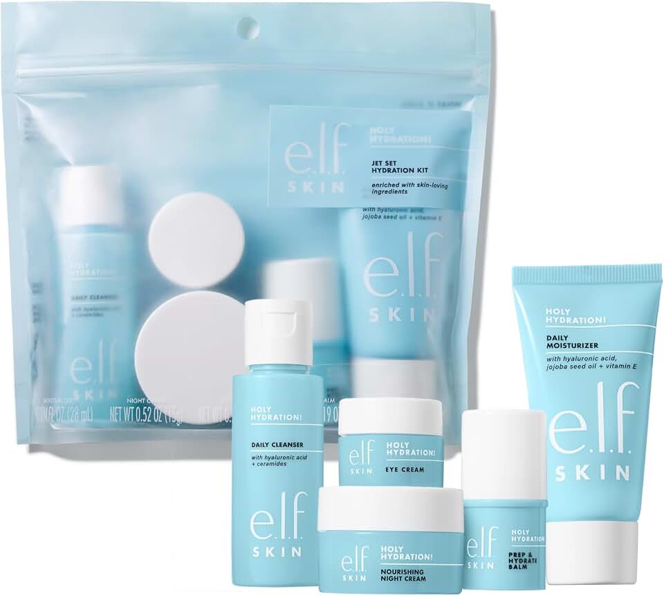 e.l.f. SKIN Holy Hydration! Jet Set Hydration Kit, Travel Friendly Hydrating Skincare Set, Face Cleanser, Balm, Moisturizer, Eye Cream &amp; Night Cream, Vegan and Cruelty-Free