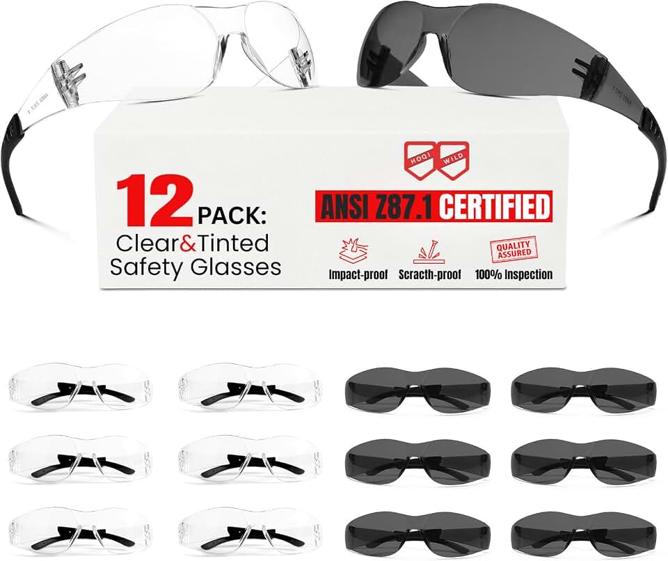ANSI Z87.1 Safety Glasses Men Women 12 pack(6pack clear safety glasses+6pack safety sunglasses) Scratch &amp; Impact Resistant eye protection glasses for Construction, Outdoor Sports &amp; Work