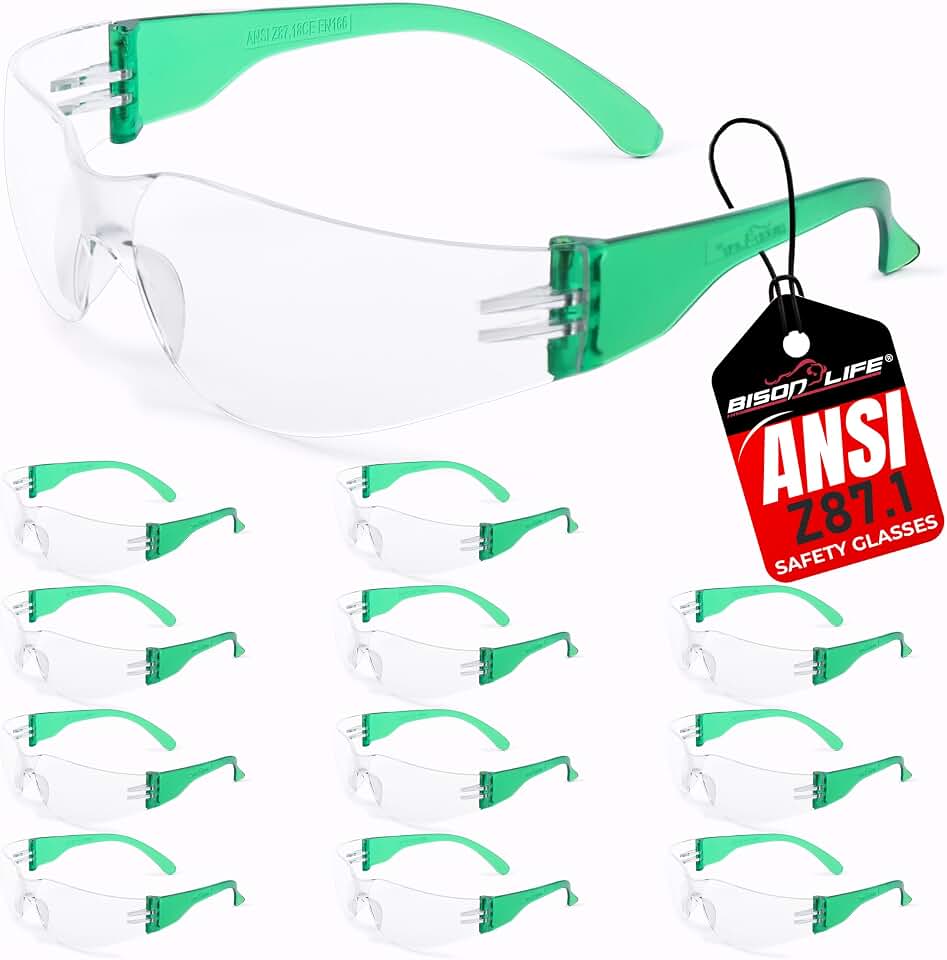 BISON LIFE Clear/Green Safety Glasses for Men &amp; Women, ANSI Z87.1, 12 Pack | Scratch &amp; Impact Resistant Wraparound Safety Goggles, UV Protection Eyewear for Work, Construction, Lab, Industrial