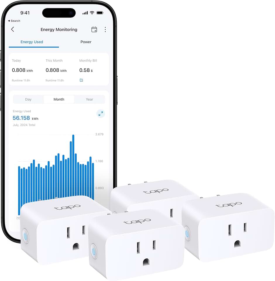 Tapo Smart Plug, Matter Compatible, Energy Monitoring, P110M(4-Pack), 15A | Works with Alexa, Google Home &amp; Samsung SmartThings, Energy Monitoring, UL Certified, 2.4G Wi-Fi Only