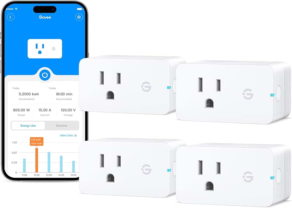 Govee Smart Plug with Energy Monitoring, WiFi Bluetooth Outlet, 4 Pack | 15A Smart Outlets Work with Alexa and Google Assistant, Timer &amp; Group Controller, No Hub Required, ETL &amp; FCC Certified