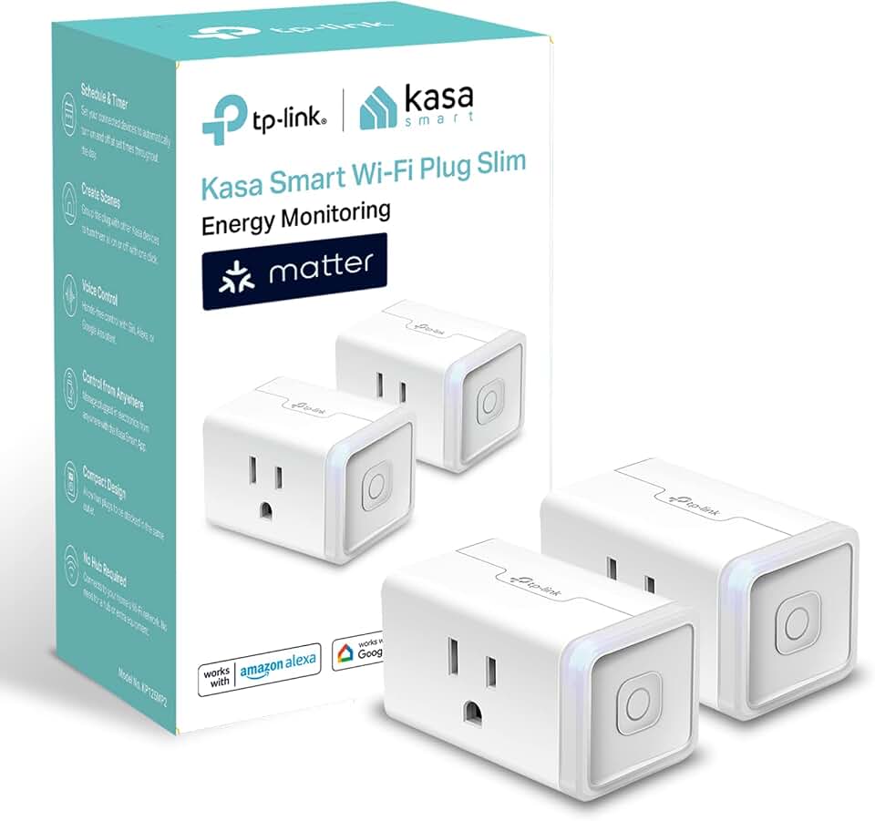 Kasa Matter Smart Plug with Energy Monitoring, KP125MP2, 15A/1800W Max | Compact Design, Easy Setup, Works with Apple Home, Alexa &amp; Google Home, UL Certified, 2.4GHz Wi-Fi, White, 2-Pack