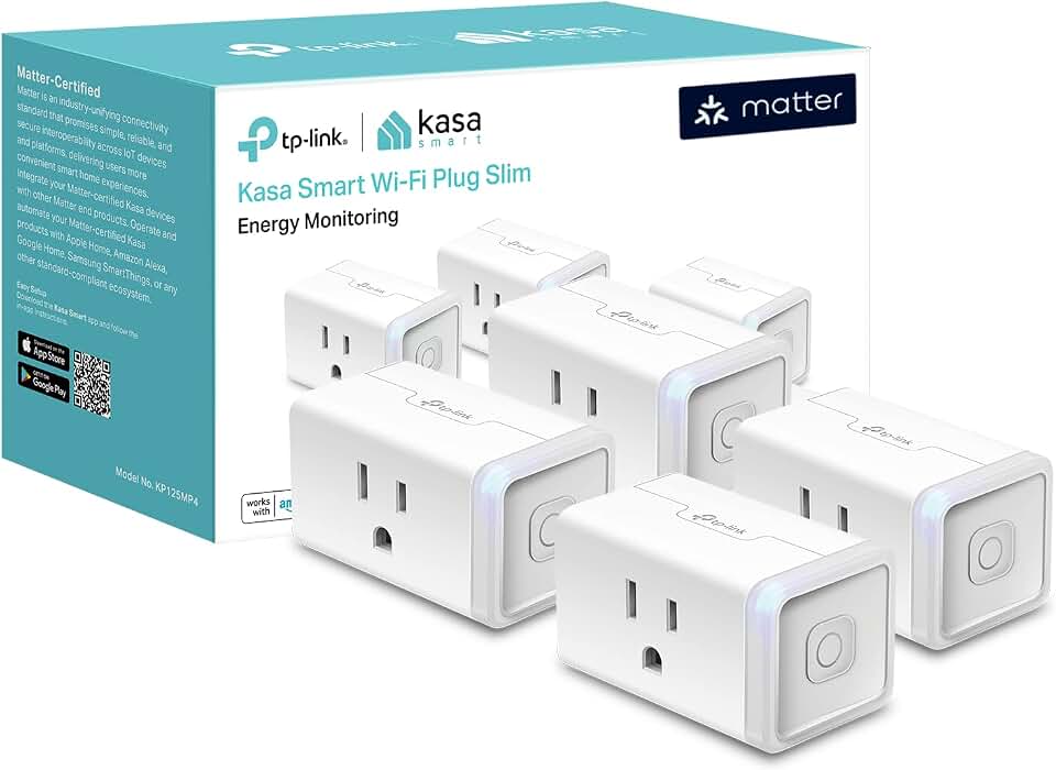 Kasa Matter Smart Plug with Energy Monitoring, KP125MP4, 15A/1800W Max | Compact Design, Easy Setup, Works with Apple Home, Alexa &amp; Google Home, UL Certified, 2.4GHz Wi-Fi, White, 4-Pack
