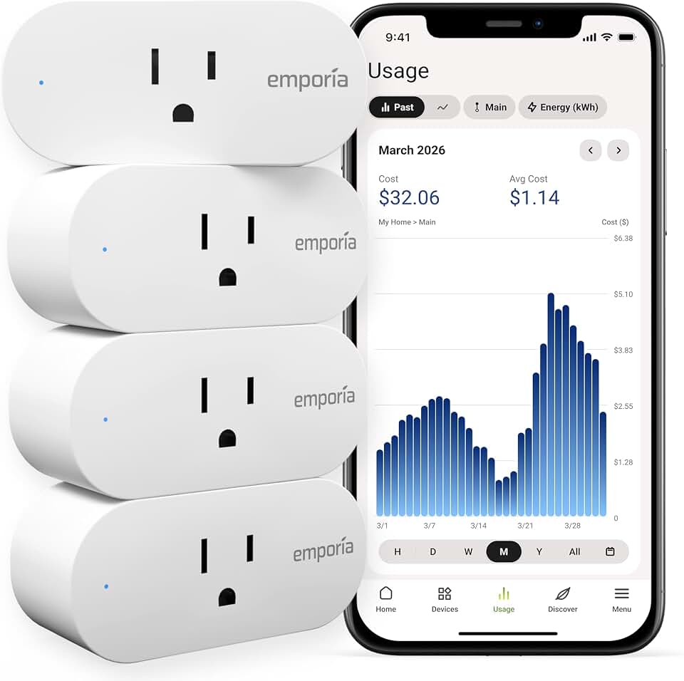 Emporia Energy Monitoring Smart Plug, WiFi Smart Outlet Plug Works with Alexa and Google Home - 15a WiFi Outlet with Timer, Mobile App, Home Energy Monitor, Scheduling - 2.4ghz WiFi Only (4 Pack)