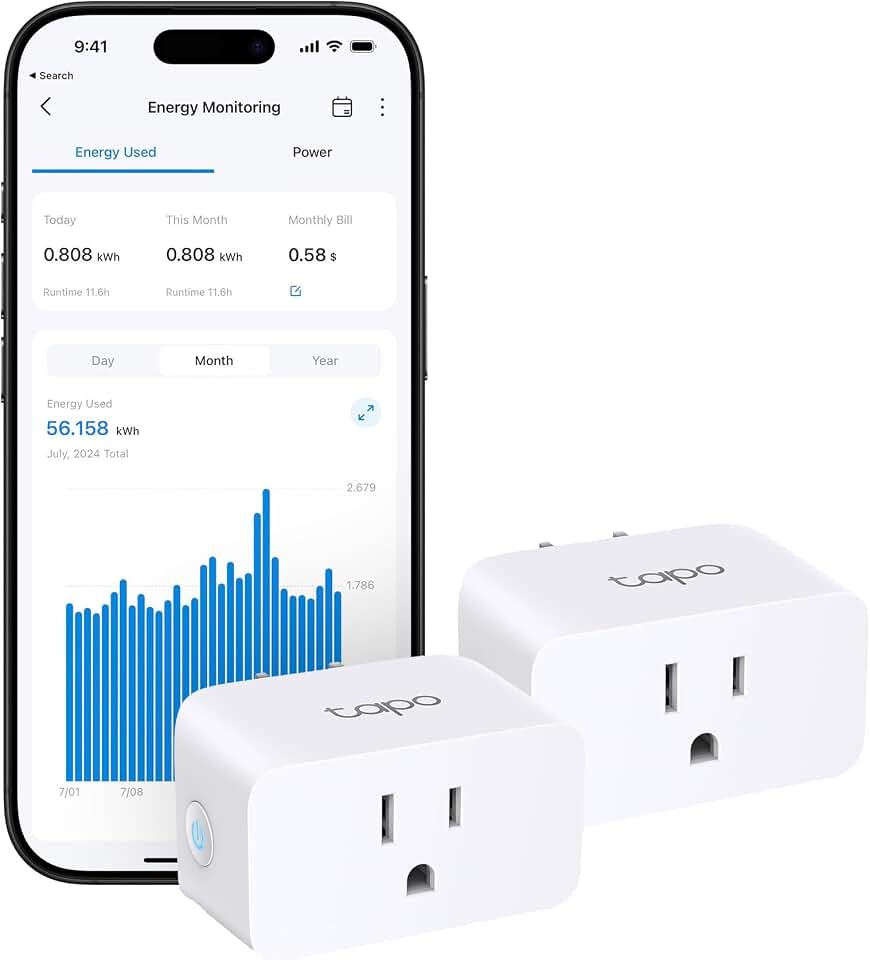 Tapo Smart Plug, Matter Compatible, Energy Monitoring, P110M(2-Pack), 15A | Works with Alexa, Google Home &amp; Samsung SmartThings, Energy Monitoring, UL Certified, 2.4G Wi-Fi Only
