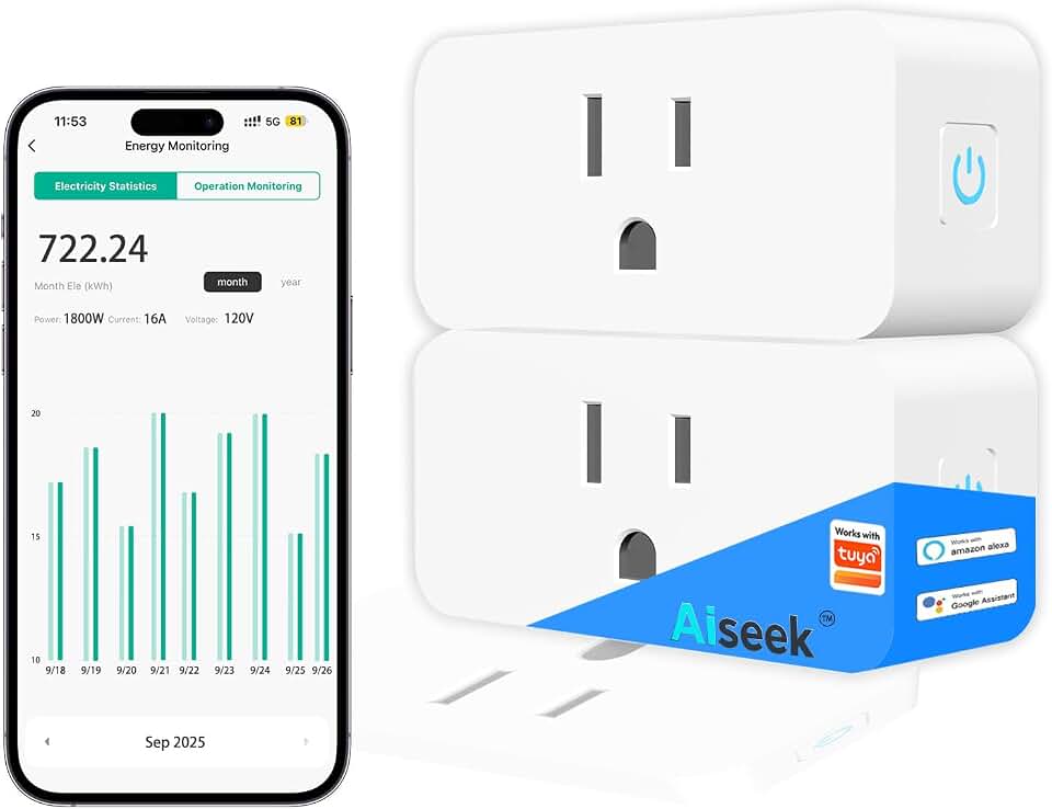 Energy Monitoring WiFi Smart Plug 15A Compatible with Alexa, 2-Pack | Works with Alexa &amp; Google Assistant, Programmable Timer, Tuya Smart App, 1800W Max Load, ETL &amp; FCC Certified, Compact Design