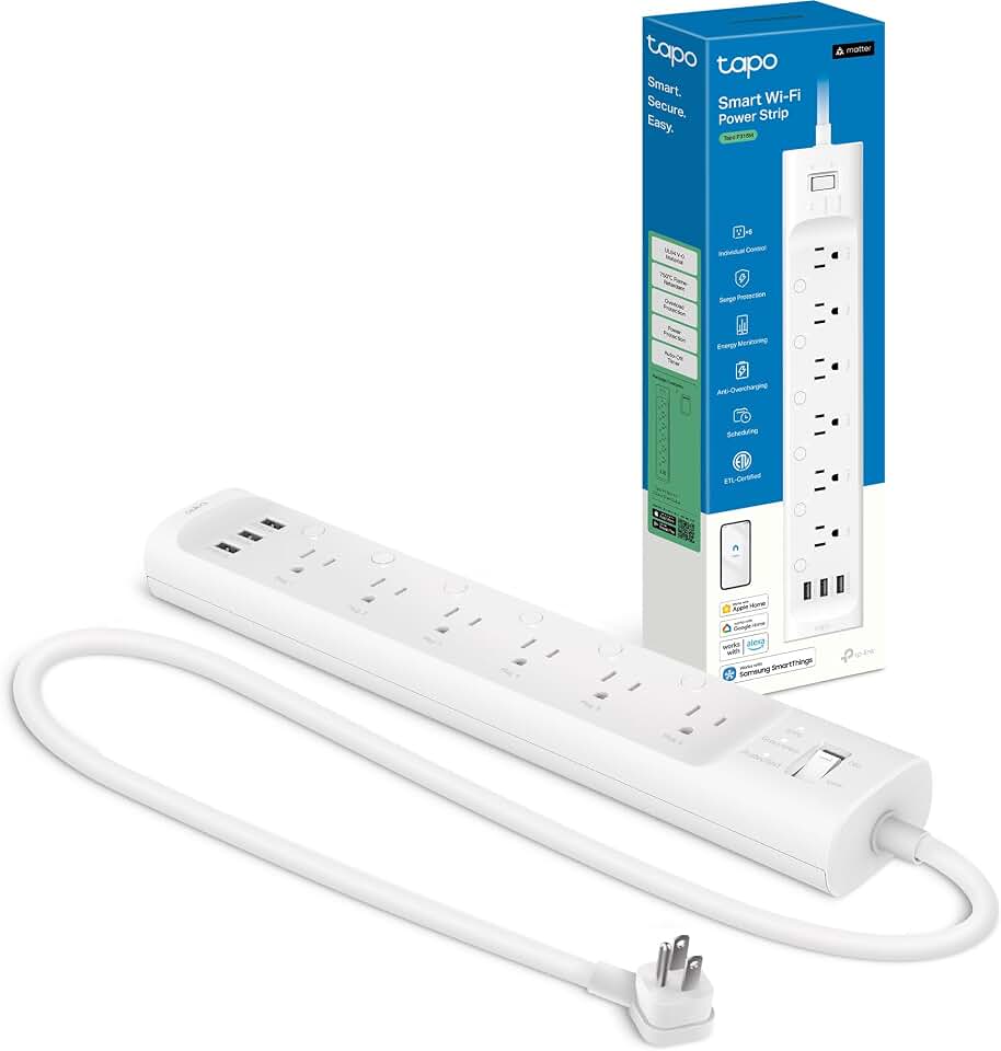 Tapo Smart Wi-Fi Power Strip, Matter, P316M, Energy Monitoring | Surge Protection, 6 Individually Controlled Outlets &amp; 3 USB Ports, Works with Alexa, Google Assistant, Siri &amp; Bixby