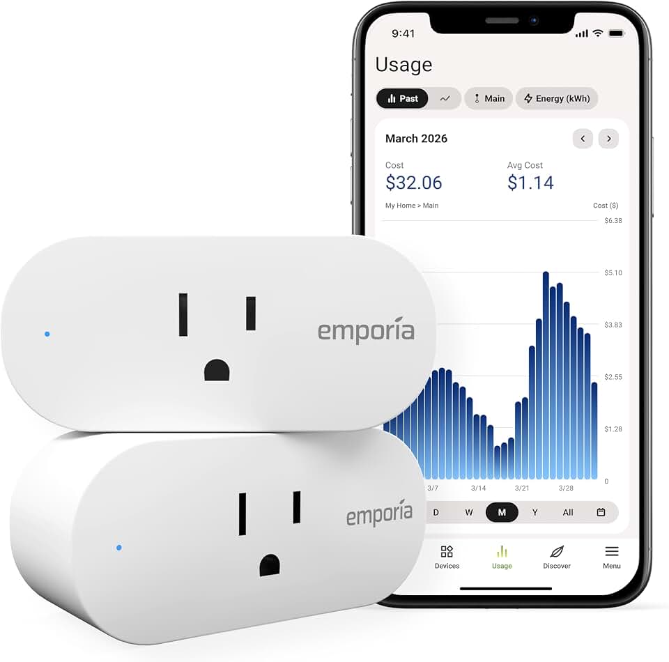 Emporia Energy Monitoring Smart Plug, WiFi Smart Outlet Plug Works with Alexa and Google Home - 15a WiFi Outlet with Timer, Mobile App, Home Energy Monitor, Scheduling - 2.4ghz WiFi Only (2 Pack)