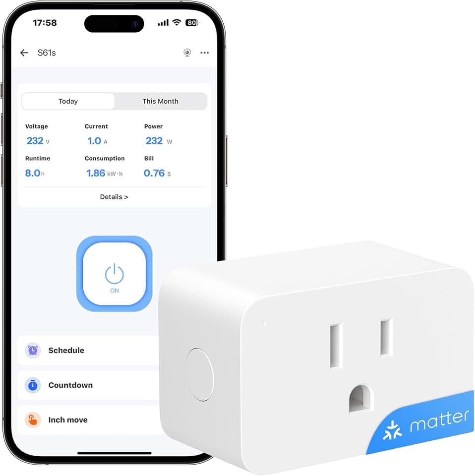 SONOFF S61s Matter Smart Plug, 15A Wi-Fi Outlet with Energy Monitoring | Matter smart plug with Power Monitoring, 15A load, cost tracking, overload protection, works with Alexa, Apple Home &amp; Google.