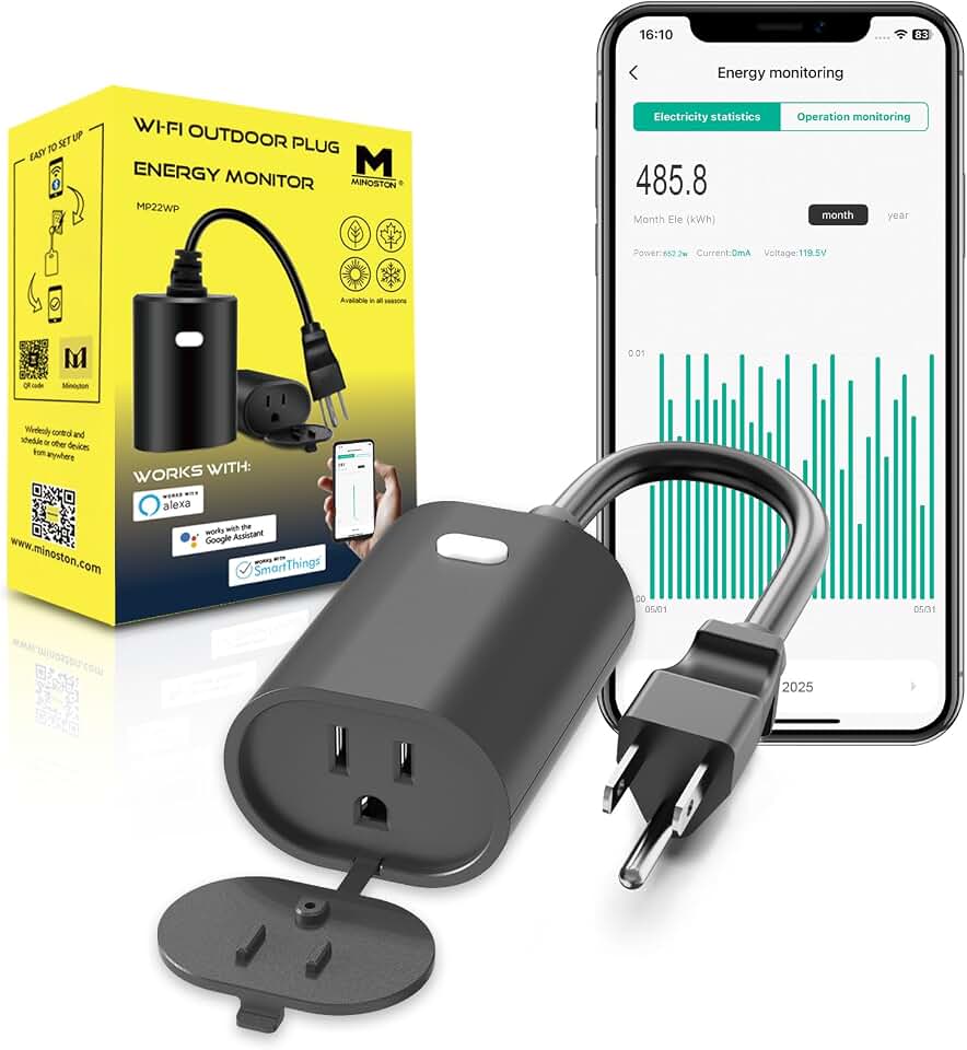 Minoston Outdoor Outlet, WiFi Smart Plug in Energy Monitoring, 2.4Ghz Wi-Fi Plugs, Compatible with Alexa and Smart Life, IP65 Waterproof Outlet 15A (MP22WP)