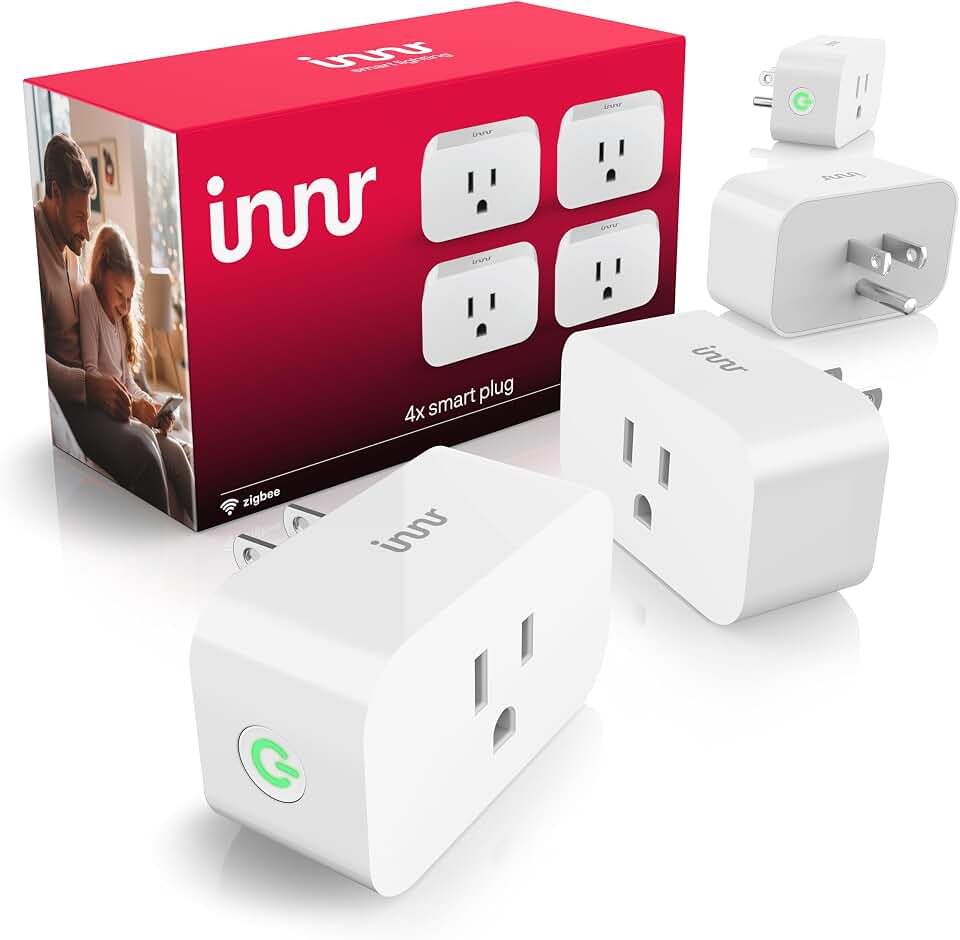 Innr Zigbee Smart Plug, Works with Philips Hue*, Alexa and SmartThings | Zigbee Repeater, Energy Monitoring, 4-pack