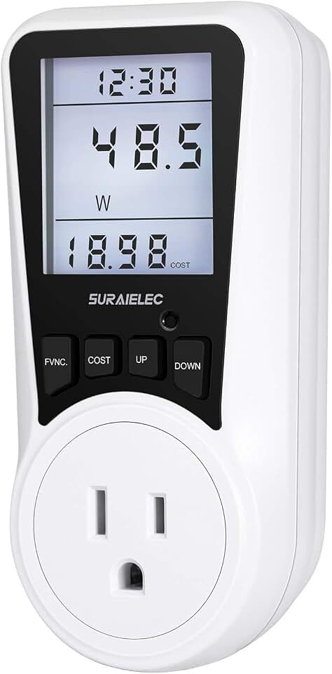 SURAIELEC Watt Meter, Cost Calculator, Plug-in Electricity Usage Monitor | Outlet Power Meter, Large Backlit Display, Overload Protection, Kilowatt, kWh, Watt, Voltage &amp; Amp Electrical Energy Monitor