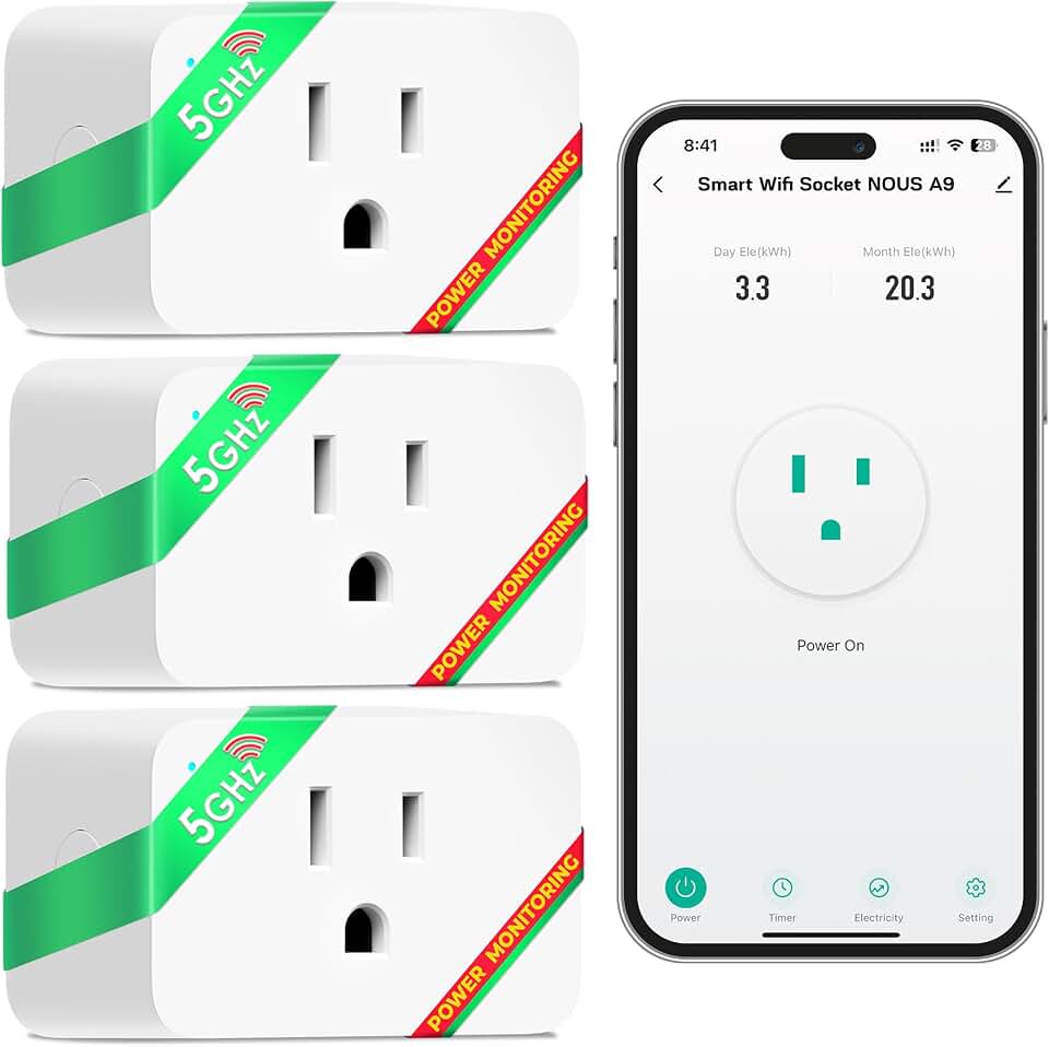 NOUS Wi-Fi Smart Plug 15A, Dual-Band 2.4GHz &amp; 5GHz, Energy Monitoring, Compatible with Alexa, Google Home, Tuya App, Remote Control, Timer, Compact Design, Smart Outlet, 3 Pack