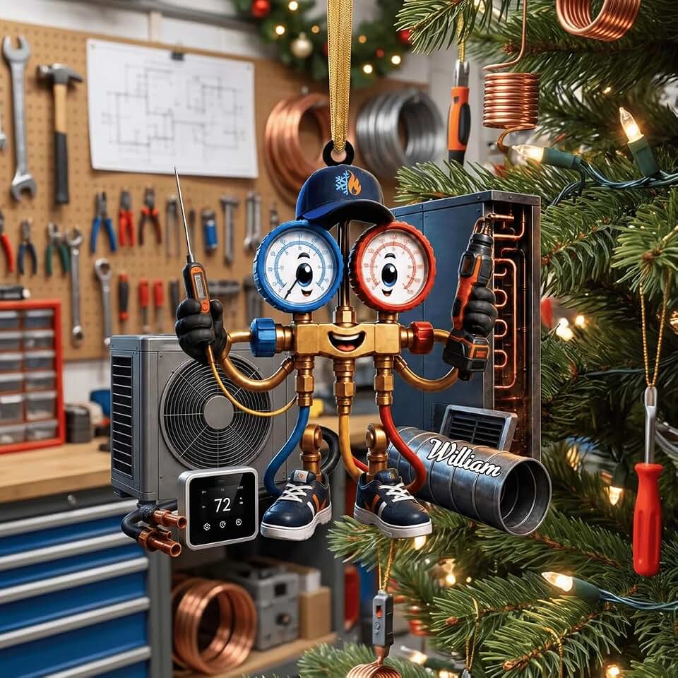Custom HVAC Tech Hanging Ornament Gift for Heating &amp; Cooling Professionals | Custom Name HVAC Christmas Ornament 2026, HVAC Tech Manifold Gauge Character Ornament, Gift for Technician Men