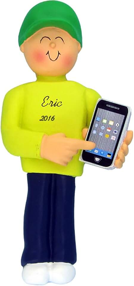 Smart Phone Male Personalized Christmas Ornament - Handpainted Resin - 4" Tall - Free Customization by Calliope Designs
