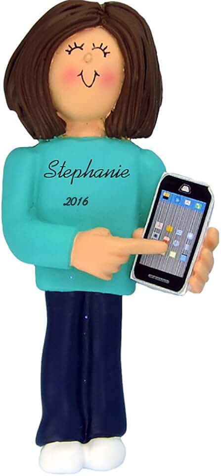Smart Phone Personalized Christmas Ornament - Female - Brown Hair - Handpainted Resin - 4" Tall - Free Customization