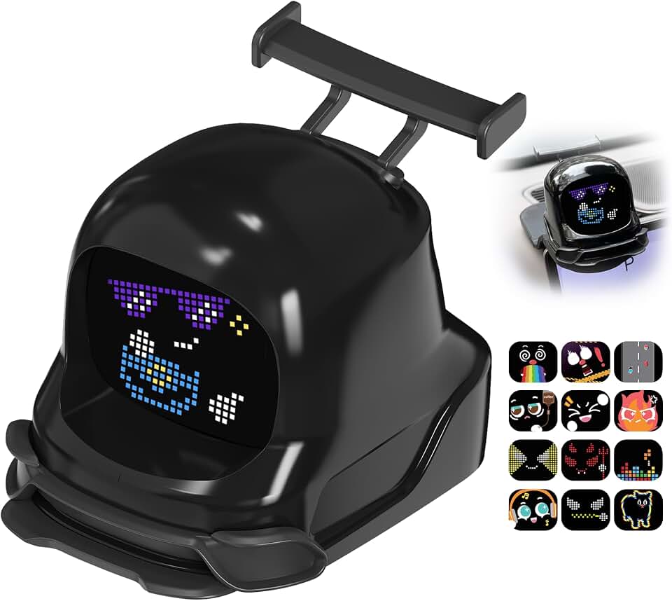 Smart Car Dashboard Robot Ornament, Car Gift (Black, Racing Sets) | 300+ Dynamic Expressions with Sound Effects, Emotional Driving Companion, Built-in gyro sensor, APP &amp; OTA update.