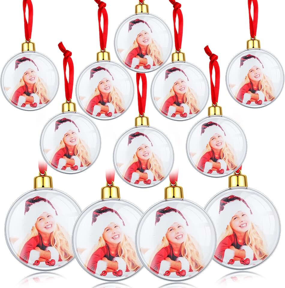 Skylety 12 Pcs Photo Ornament Ball Christmas 3.54" Clear Plastic Hanging Photo Frame Ornament Family Picture Baubles for Christmas Tree Valentine Gift Decoration (Round)