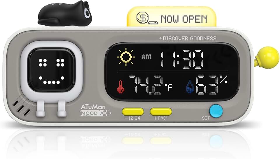 AMIR Smart Desk Clock with Pixel Mood Display – Dual Screen Desk Companion with Mechanical Joystick, Hydration &amp; Activity Reminders, Cute Pet Design for Home, Office (No Alarm)