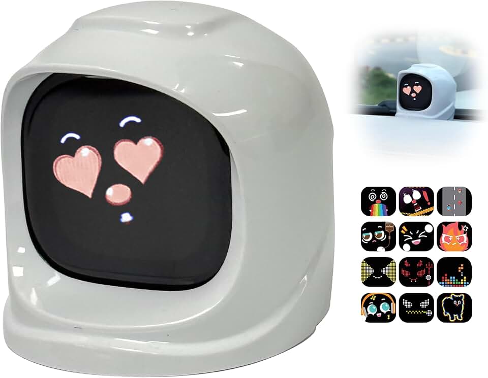 Smart Car Dashboard Robot Ornament, Car Gift (White, Vibrant Sets) | 300+ Dynamic Expressions with Sound Effects, Emotional Driving Companion, Built-in gyro sensor, APP &amp; OTA update.