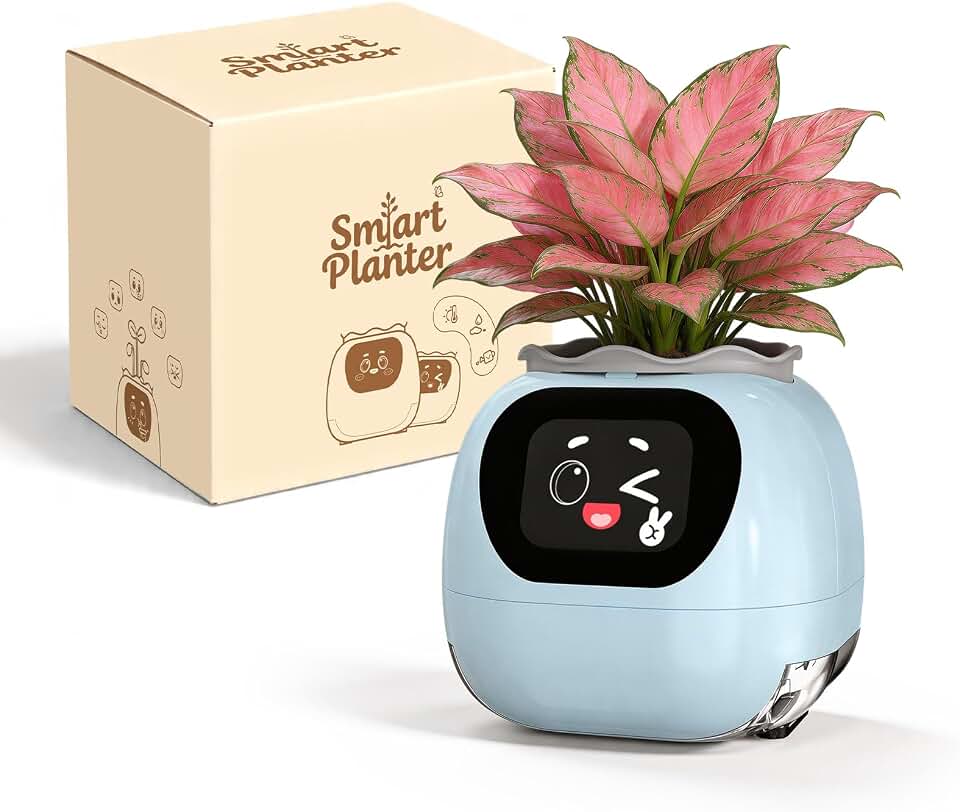 Cute Smart Plant Pot with Expressions, Interactive Electronic Pet Flower Pot &amp; Vibration Feedback, Automatic Watering Planter, Perfect Gardening Gift for Women, Men, Plant Lovers, Office Desk Decor
