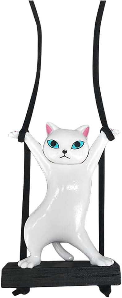 Cute Cat Car Hanging Ornament, Swing Rear View Mirror Charm, Auto Mirror Hanging Decoration, Car Interior Accessories Pendant for Women Men (White)