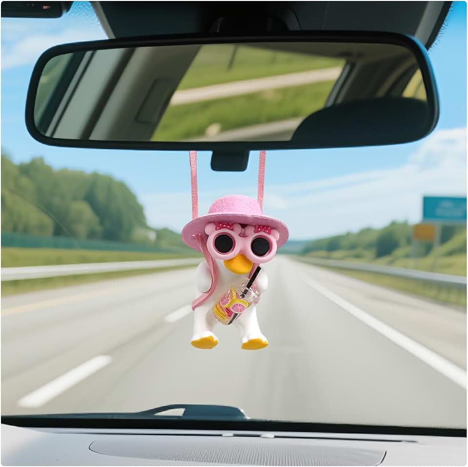 Cool Swinging Duck Car Hanging Ornament, Funny Swing Duck Auto Rearview Mirror Pendant, Cute Ducks Hanger Swing Rear View Mirror Hanging Decoration for Men Women Teens (Pink &amp; White)