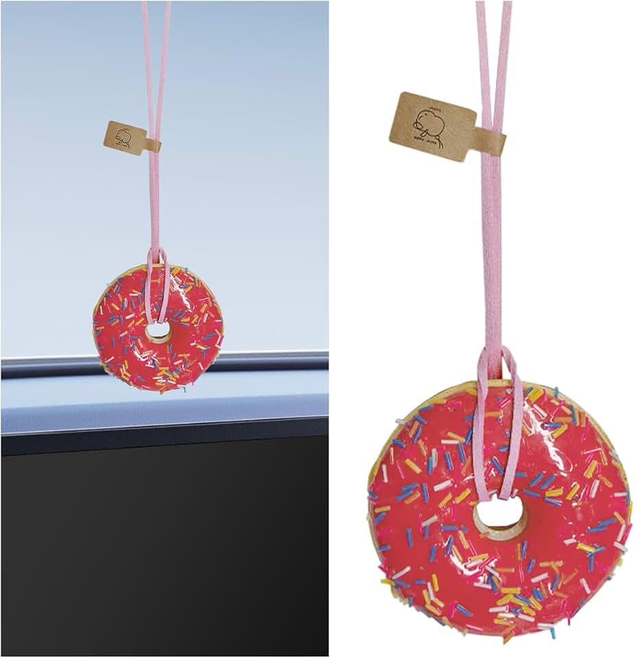 YoRise Swinging Donut Car Rear View Mirror Hanging Ornament, Cute Car Rear View Mirror Charm Decoration, Fun Food Auto Interior Aesthetic Pendant Present for Women, Girl (Strawberry)
