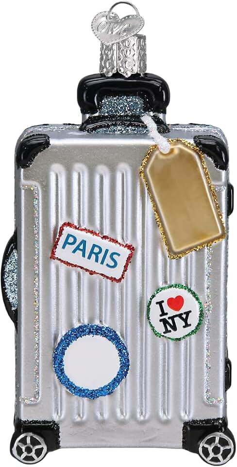 Old World Christmas Rolling Suitcase Glass Blown Ornament for Christmas Tree, Handcrafted Holiday Decoration, Travel Collection