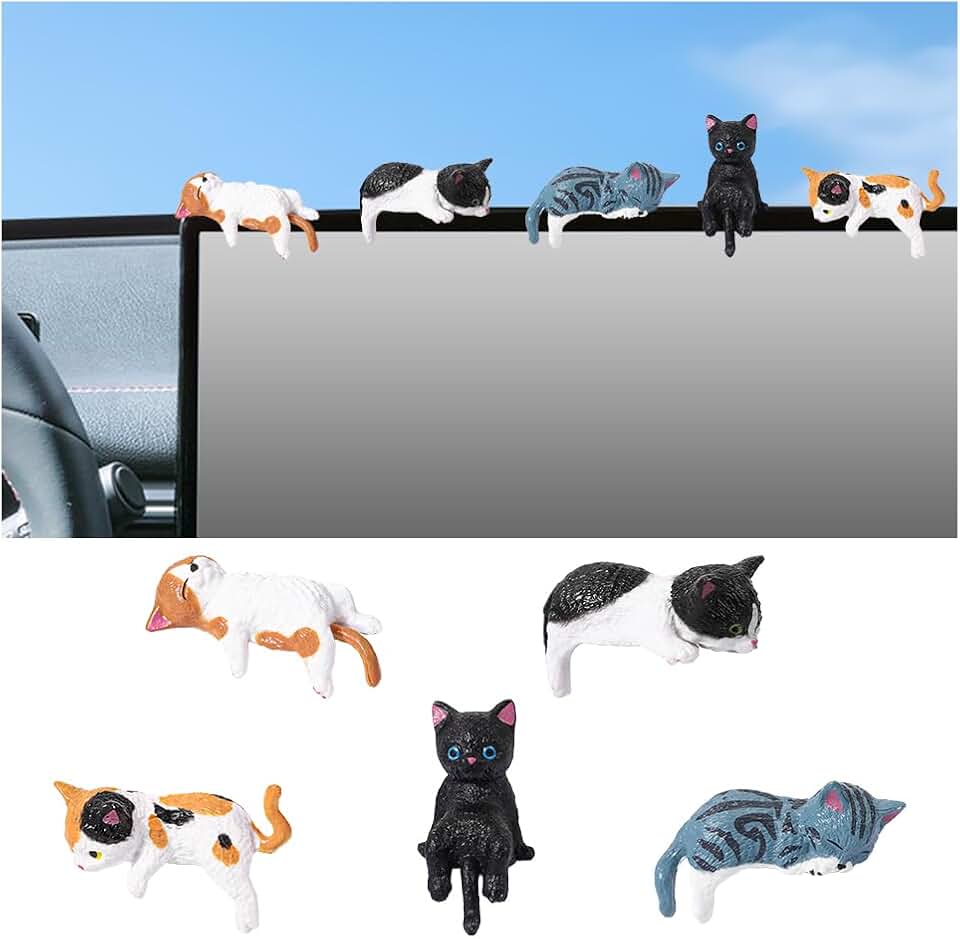 HZEL 5PCS Mini Cat Car Ornament, Cute Kitten Figurines Resin Vehicle Dashboard Rear View Mirror Decoration, Kawaii Funny Auto Interior Dash Computer Monitor Decor, Universal for Vehicles (Style A)