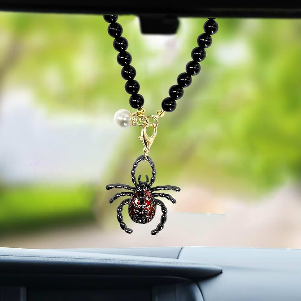 Spider Car Hanging Ornament, Gothic Pearl Chain Auto Rear View Mirror Charm, Funny Vehicle Interior Pendant Decoration Accessory Present for Women Men(Red)