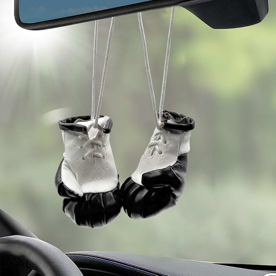 Mini Boxing Gloves Car Rearview Mirror Charm (Black) | Cool Leather Gloves Boxing Automotive Interior Hanging Ornament, Creative Auto Pendant Decoration for Vehicle, Home, Party