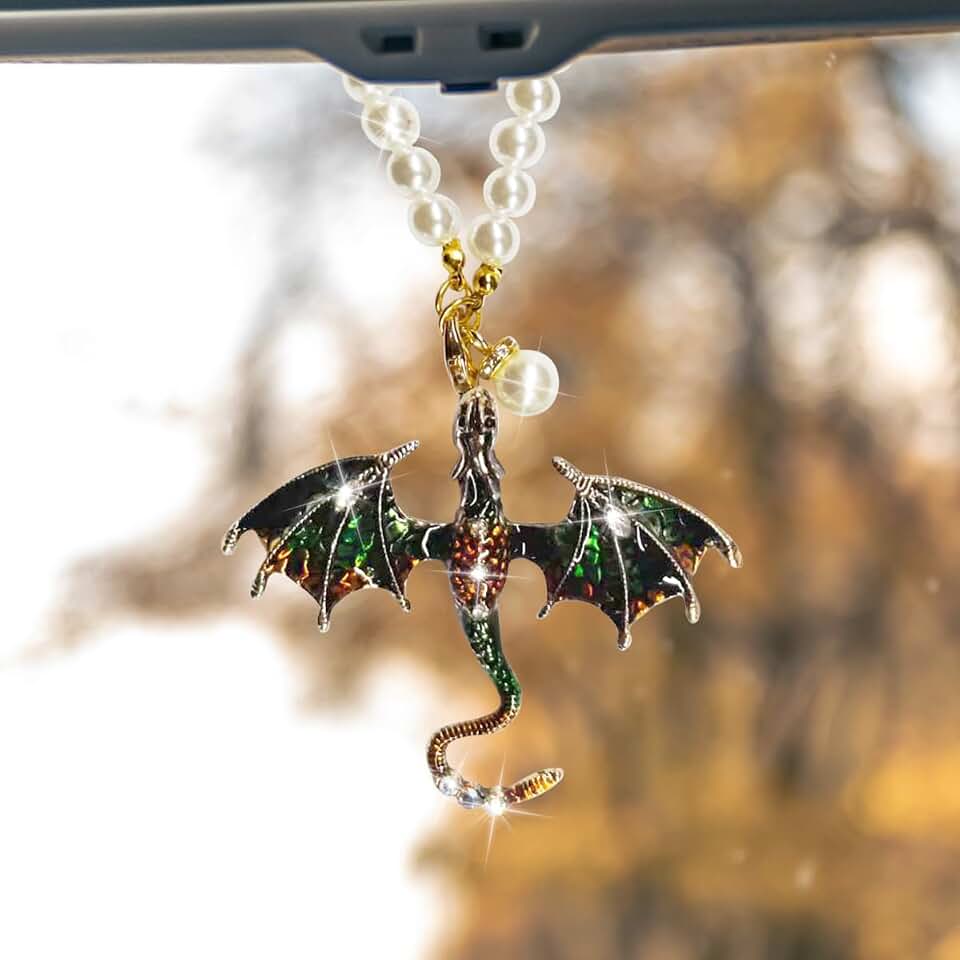 Bling Dragon Car Rear View Mirror Charm, Green | Retro Dragons Auto Hanging Pendant, Fantasy Rhinestone Pearls Vehicle Mirrors Ornament, Auto Interior Decoration Accessories