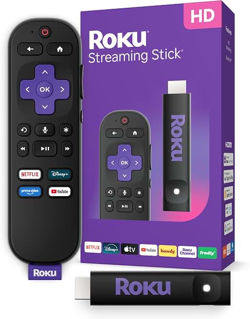 Roku Streaming Stick HD with Voice Remote | Compact 4K Streaming Device for TV with Roku Voice Remote &amp; Long-Range Wi-Fi - Free &amp; Live Local News, Sports