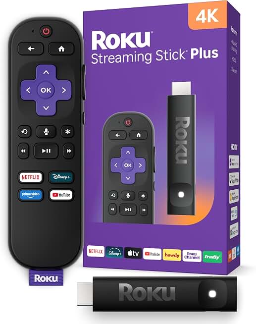 Roku Streaming Stick Plus with Voice Remote - 4K &amp; HDR10+ | 4K &amp; HDR Streaming Device for TV with Roku Voice Remote - Free &amp; Live Local News, Sports