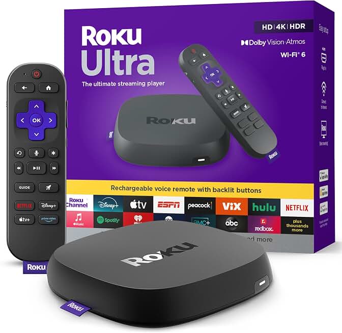 Roku Ultra, Ultimate Streaming Player - 4K Streaming Device for TV | HDR10+, Dolby Vision &amp; Atmos - Bluetooth &amp; Wi-Fi 6 - Rechargeable Voice Remote Pro with Backlit Buttons - Free &amp; Live TV