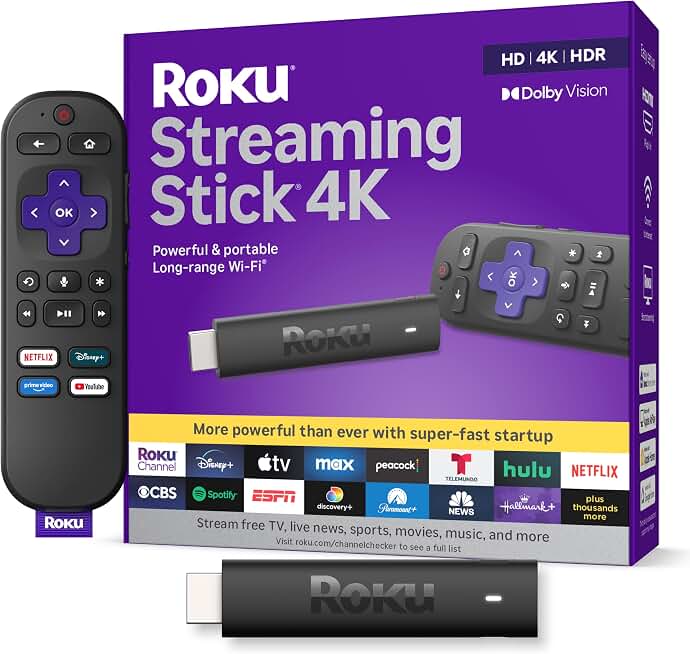 Roku Streaming Stick 4K with Voice Remote - HDR10+ &amp; Dolby Vision | Compact 4K Streaming Device for TV with Roku Voice Remote &amp; Long-Range Wi-Fi - Free &amp; Live Local News, Sports