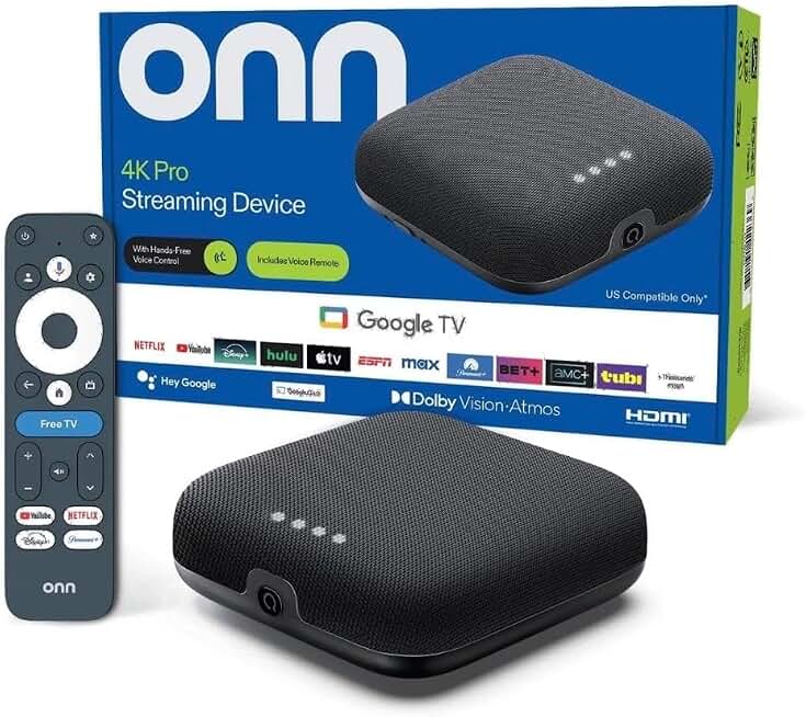 onn 4K Pro Streaming Device, Google TV with Gemini* - Ultra-Fast Streaming, Stunning 4K UHD, 32GB Storage, 3GB RAM, Dolby Vision &amp; Atmos, Find My Remote with Backlight, Ethernet Port