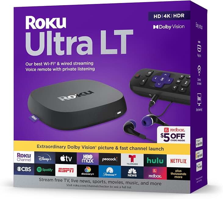 Roku Ultra LT (2023) HD/4K/HDR Dolby Vision Quad-Core Streaming Player with HDMI Cable, Headphones, Voice Remote w/Private Listening, Ethernet (Renewed)