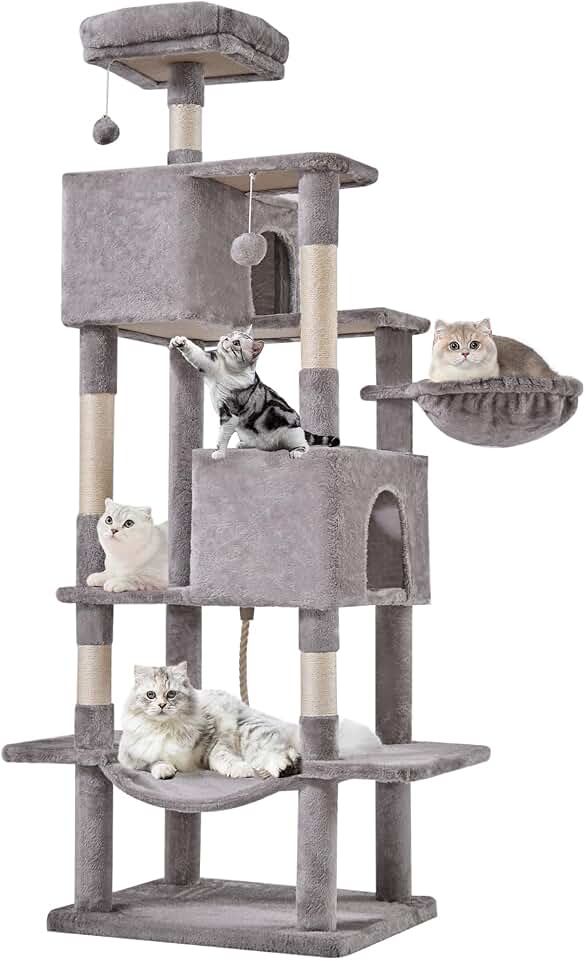 Large 66 Inch Cat Tree Tower with Sisal Scratching Post | Multi-Level Cat Climbing Tower with Hammock, Pet Condo for Indoor Cats and Kittens, Light Grey