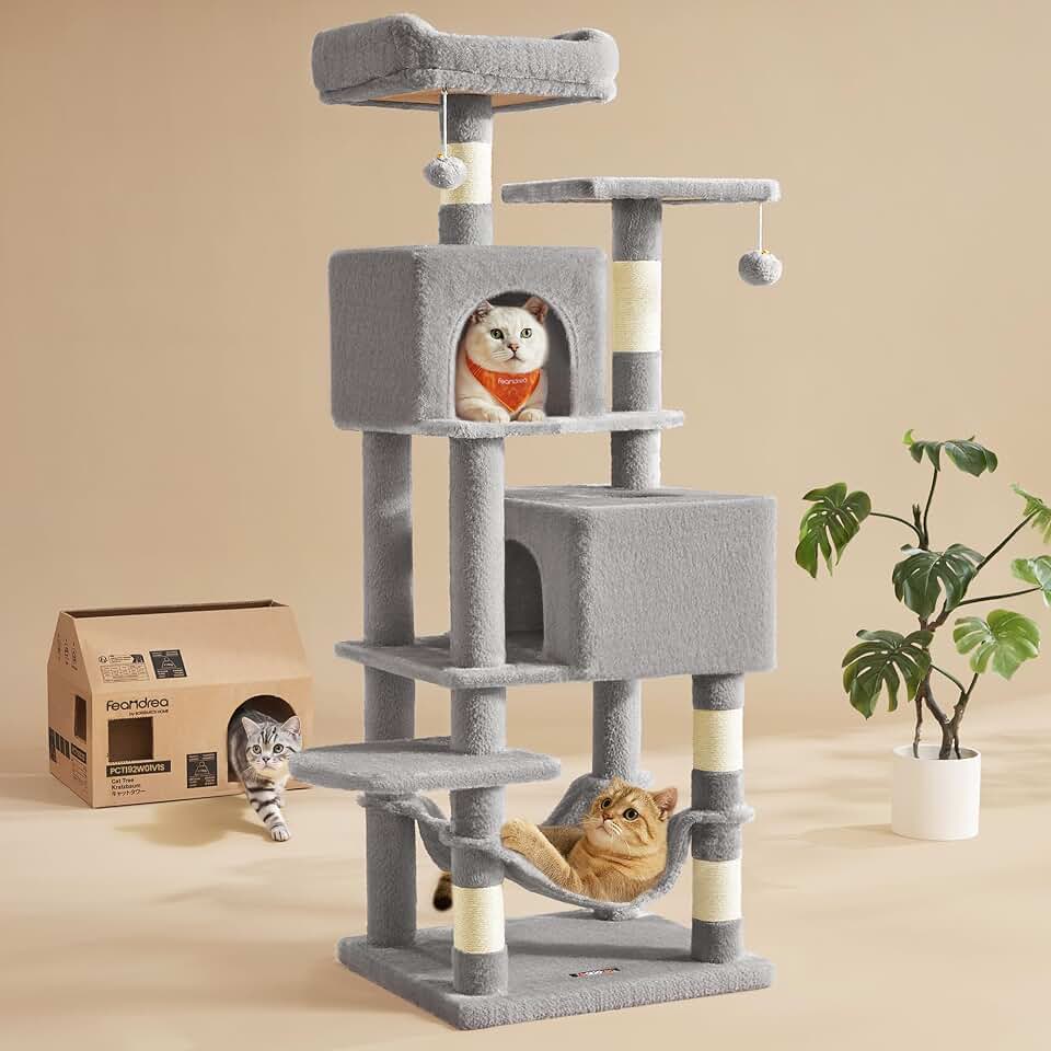 Feandrea Cat Tree, 59.5-Inch Tall Cat Tower, Multi-Level Condo, Light Gray | with 5 Scratching Posts, 2 Perches, 2 Caves, Hammock, 2 Pompoms, 2 Caves for Indoor Cats, Easy to Assemble, UPCT192W01 The Forest Stewardship Council