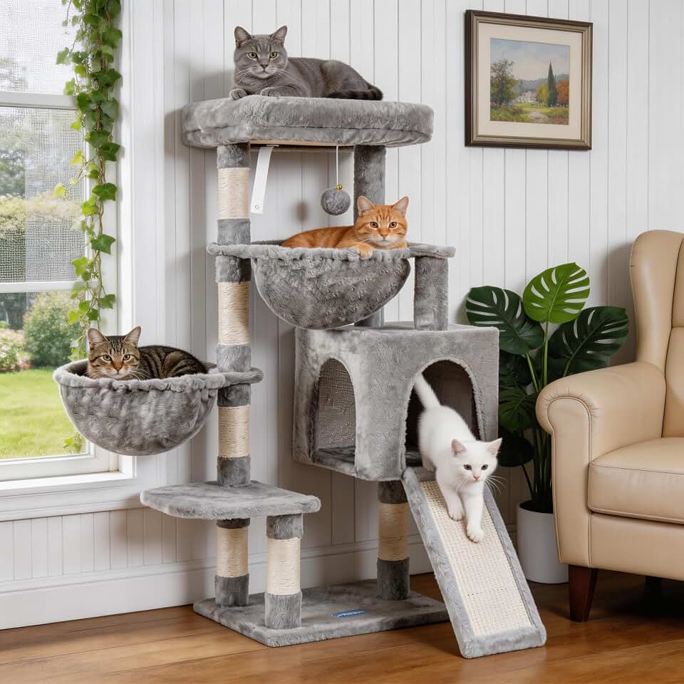Hey-brother Cat Tree Tower with Large Bed, Hammocks, Scratcher, MPJ006SW | 35.4 Inches Cat House with Cozy Condo, Sisal Scratching Posts for Indoor Cats, Light Gray Global Recycled Standard