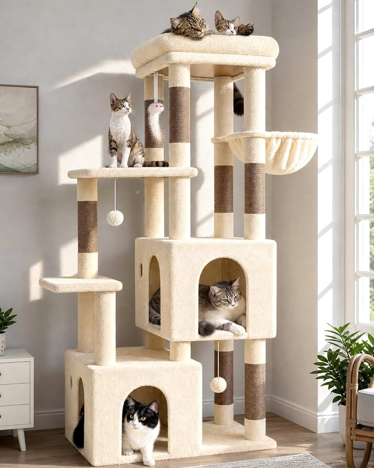 Globlazer Heavy Duty Cat Trees for Big Cats Maine Coon, F61, Beige | Cat Tower for Indoor Large Adult Cats with Scratching Post, Extra Large Top Perch, Cat Condos, 61inch Global Recycled Standard