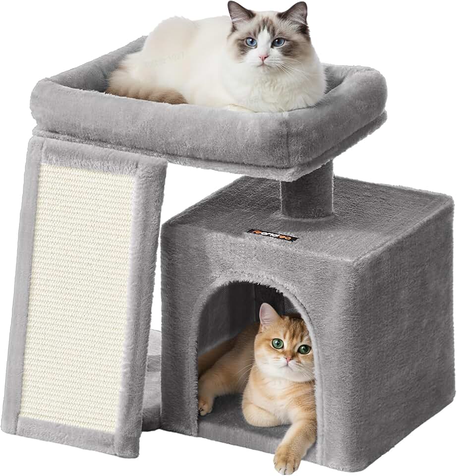 Feandrea Cat Tree, 18.3-in Small Cat Tower, Cute Kittens Condo, Dove Gray | for Small Space Room, with Sisal Scratching Post &amp; Board, Large Padded Perch, Spacious Cave, Easy to Assemble