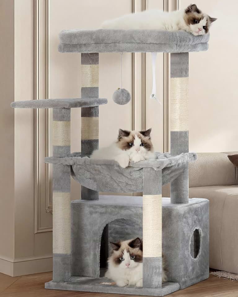 Heybly Cat Tree, Kitten Tower with Large Soft Cat Basket HCT008SW | Cat Condo with Spacious Cat Bed Cave with Hidden Space, Sisal Scratching Posts, Dangling Ball for Indoor Cats, Light Gray Global Recycled Standard